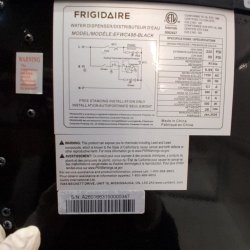 FRIGIDAIRE TOP LOADING WATER COOLER/DISPENSER WITH HOT WATER CHILD SAFETY LOCK, 3-5 GALLON - BLACK (MODEL: EFWC498) image 5