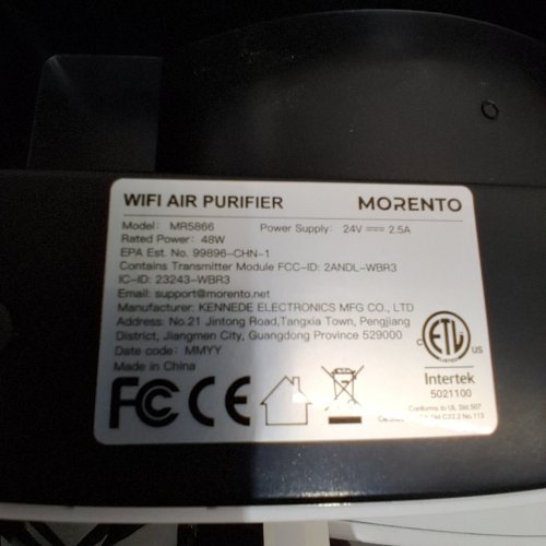 MORENTO AIR PURIFIER WITH SMART WIFI AIR QUALITY MONITOR - 1690 FT² - 23DB SOUND - WHITE - (MODEL: MR5866) image 3