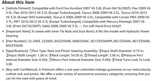 A-PREMIUM HYDRAULIC POWER STEERING RACK AND PINION FOR VARIOUS FORD MODELS - REPLACES PART# 8A5Z3504D - (MODEL: APPSR036) image 2