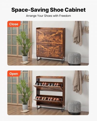 SHOE STORAGE CABINET WITH 2 FLIP DRAWERS, METAL LEGS AND ANTI-TIPPING DEVICE - 32" X 9" X 38" - BROWN (MODEL: ZH613) image 2