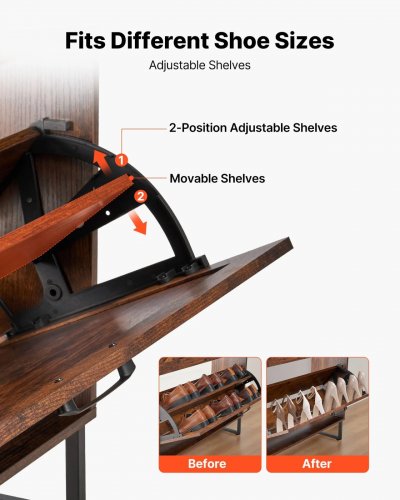 SHOE STORAGE CABINET WITH 2 FLIP DRAWERS, METAL LEGS AND ANTI-TIPPING DEVICE - 32" X 9" X 38" - BROWN (MODEL: ZH613) image 3