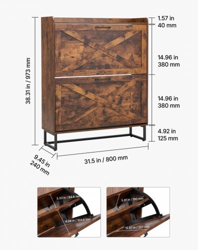 SHOE STORAGE CABINET WITH 2 FLIP DRAWERS, METAL LEGS AND ANTI-TIPPING DEVICE - 32" X 9" X 38" - BROWN (MODEL: ZH613) image 5