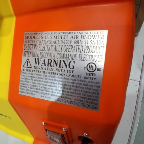 CARIVIA ELECTRIC AIR BLOWER FAN FOR INFLATABLE BOUNCE HOUSE - 1.5-2 H/P - 2700-2900PA - 110-120V - YELLOW/ORANGE (MODEL: S-U15) image 3