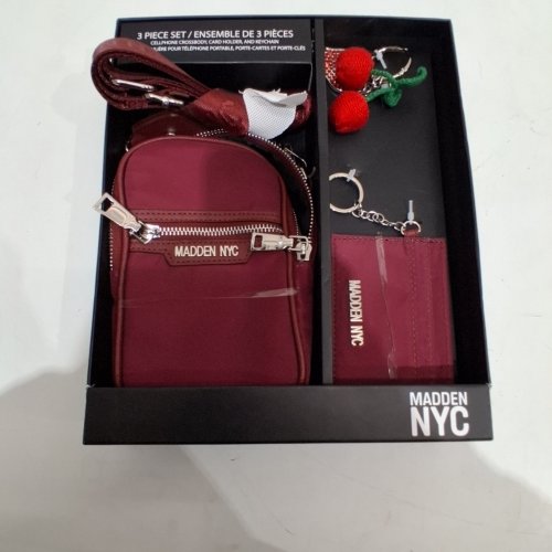 3PC MADDEN NYC CELLPHONE CROSSBODY, CARD HOLDER, AND KEYCHAIN SET - BURGUNDY image 2