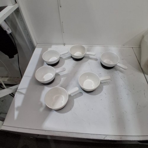 6PK Y'S CERAMICS PORCELAIN ONION SOUP BOWLS - WHITE/BLACK image 2
