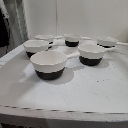 6PK Y'S CERAMICS PORCELAIN ONION SOUP BOWLS - WHITE/BLACK image 3