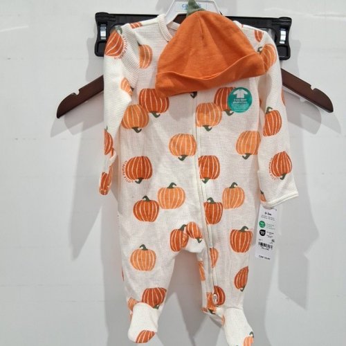 2PC CHILD OF MINE PUMPKIN PRINT BABY FOOTED SLEEPER AND PUMPKIN HAT- 0-3 MONTHS - CREAM AND ORANGE image 2