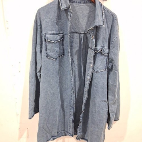 WOMEN'S SOLID COLOUR WASHED DENIM LONG SHIRT - 4XL- BLUE image 2