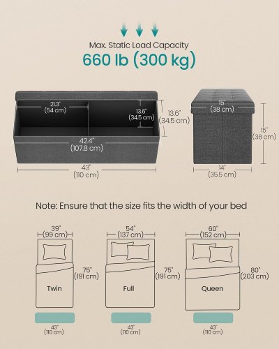 SONGMICS FOLDING STORAGE OTTOMAN BENCH WITH PADDED SEAT - GREY (MODEL: ULSF77K) image 2