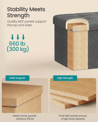 SONGMICS FOLDING STORAGE OTTOMAN BENCH WITH PADDED SEAT - GREY (MODEL: ULSF77K) image 3