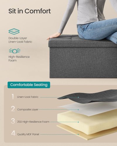 SONGMICS FOLDING STORAGE OTTOMAN BENCH WITH PADDED SEAT - GREY (MODEL: ULSF77K) image 4