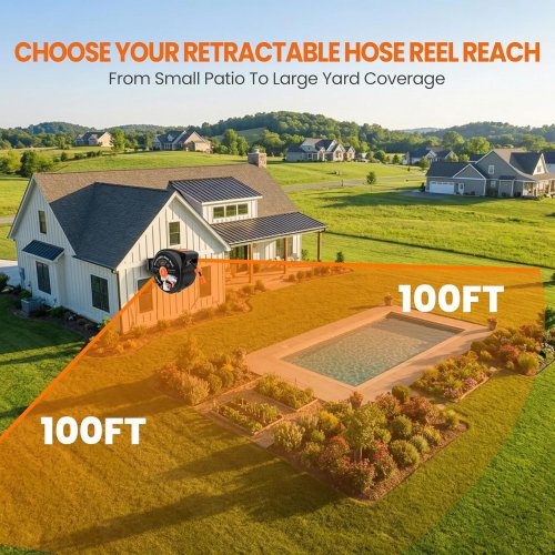 HONGMAI MOUNTED RETRACTABLE GARDEN HOSE REEL WITH 10-PATTERN NOZZLE - 100FT - BLACK/ORANGE (MODEL: HONGMAI-100FT) image 3