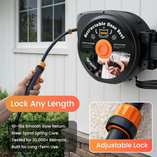 HONGMAI MOUNTED RETRACTABLE GARDEN HOSE REEL WITH 10-PATTERN NOZZLE - 100FT - BLACK/ORANGE (MODEL: HONGMAI-100FT) image 5