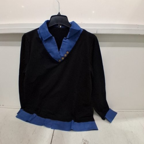 WOMENS CONTRASTV NECK TRIM LAPEL COLLARED DENIM - MEDIUM - BLACK AND BLUE image 2