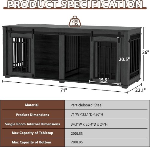 DEYGIA LARGE DOUBLE DOG CRATE FURNITURE KENNEL WITH SLIDING DOORS - 71" X 22" X 26" - BLACK - (MODEL: 60357-BK) image 2