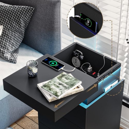 ADORNEVE BEDROOM 2-DRAWER CHARGING NIGHTSTAND WITH SLIDING DOOR AND LED LIGHT -BLACK (MODEL: AJ-DJ504399_1) image 2