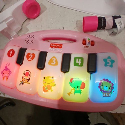 FISHER-PRICE PORTABLE BABY ACTIVITY MAT GLOW AND GROW KICK & PLAY PIANO GYM MUSICAL TOY WITH SMART STAGES LEARNING & MARACAS - 0+ MONTHS - PINK (MODEL: HWD99) image 2