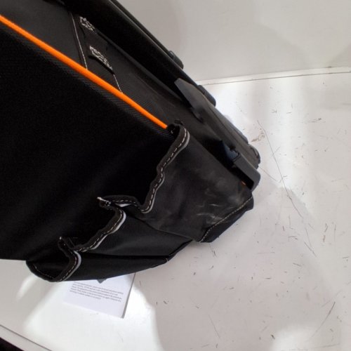 HEAVY DUTY ROLLER TOOL BAG WITH ADJUSTABLE TELESCOPING HANDLE & STABLE BASE - 110LBS CAP - 25 POCKETS - BLACK/ORANGE (MODEL: 18YC600U) image 3