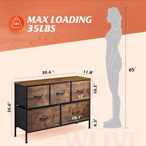 WLIVE 5-DRAWER DRESSER - 39.4" X 11.8" X 26.6" - NATURAL / BROWN (MODEL: CAB-5BC-V2-BK) image 2