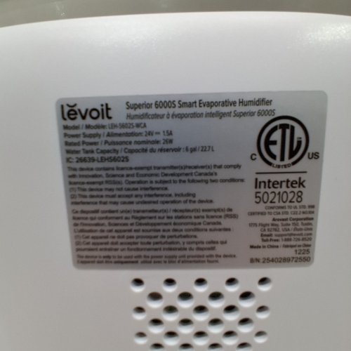 LEVOIT SUPERIOR 6000S SMART EVAPORATIVE HUMIDIFIER - 6GAL - WHITE - (MODEL: LEH-S6025-WCA) image 5