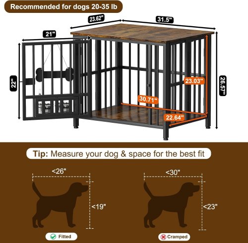 EASYCOM WOODEN DOG CAGE ENDTABLE WITH ADJUSTABLE BOWL SIGN, MAGNETS AND CHALK - 31" - BLACK/BROWN (MODEL: PS-DC108-31-BIN) image 2
