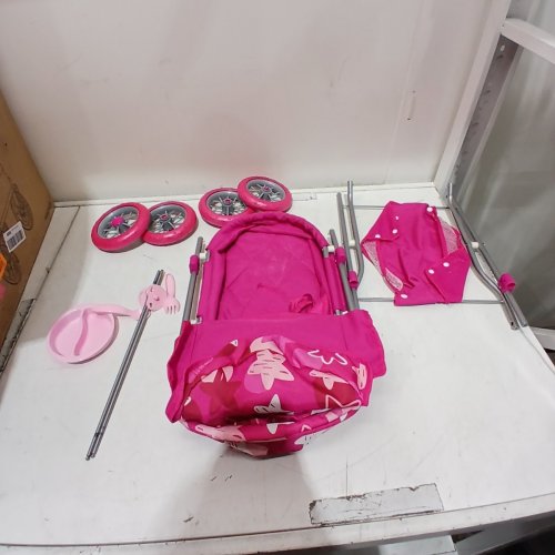 BAYER 4-WHEELED METAL BABY DOLL STROLLER - FITS 18" DOLLS - PINK/WHITE - (MODEL: 12249AB) image 2