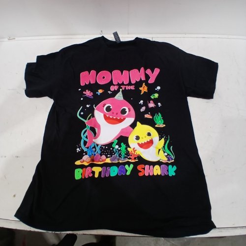 WOMANS FAMILY BIRTHDAY GRAPHIC SHIRT 'MOMMY OF THE BIRTHDAY SHARK'- LARGE - MULTICOLOR/BLACK image 2