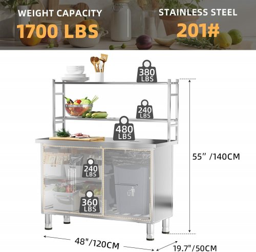 JFHID STAINLESS STEEL KITCHEN WORK PREP TABLE WITH ADJUSTABLE SHELVES AND TRASH BIN DRAWER - 48" X 20" X 55" - SILVER - (MODEL: SS16626SR) image 2
