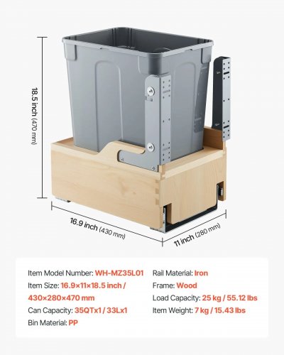 HEAVY DUTY WOODEN UNDER COUNTER PULL OUT TRASH CAN - 35 QT (MODEL: WH-MZ35L01) image 2