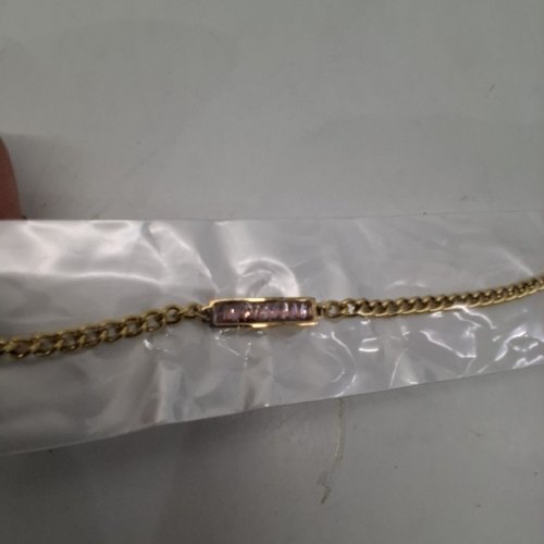 WOMENS ACCENT CHAIN BRACELET WITH PINK RHINESTONE BAR ACCENT - GOLD-TONE image 3