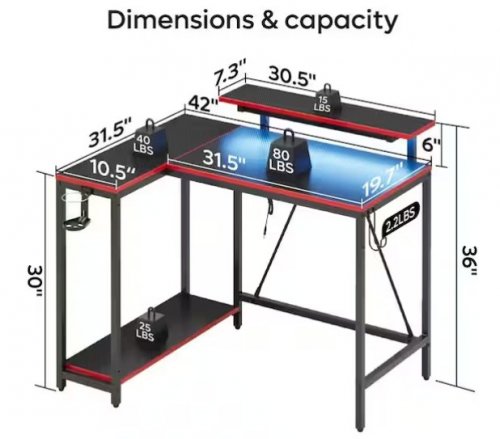 PINMOCO REVERSIBLE L-SHAPED GAMING COMPUTER DESK WITH MONITOR STAND - 42" X 31" X 30" - BLACK CARBON/RED - (MODEL: H100606C-BDCF) image 2