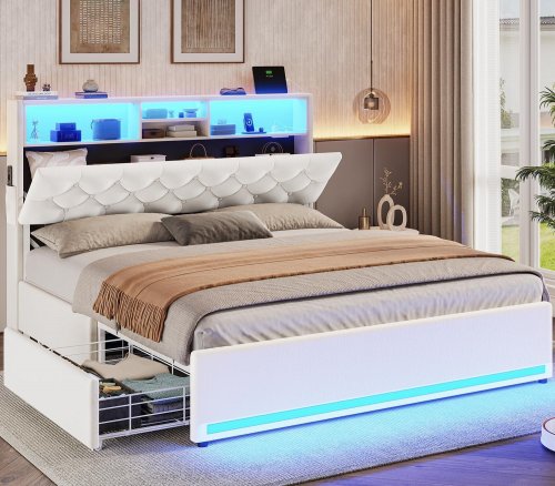 HAUOMS UPHOLSTERED BED FRAME WITH 4 DRAWERS AND HIDDEN STORAGE HEADBOARD - QUEEN - BEIGE image 2