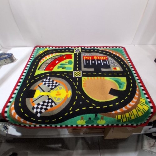 5PC MELISSA & DOUG ROUND THE SPEEDWAY RACE TRACK RUG WITH 4 RACE CARS - 39" X 36" - MULTICOLOR image 2