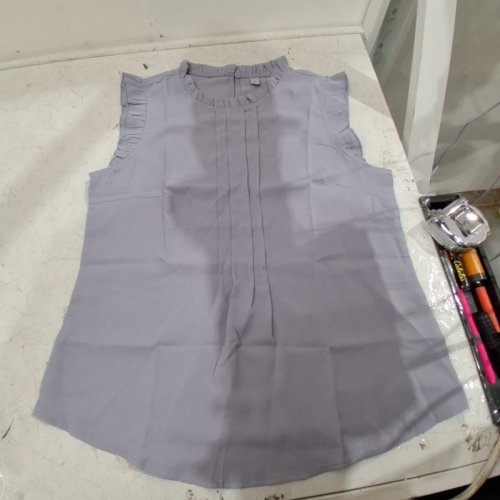 WOMEN'S RUFFLED TRIM SLEEVELESS LOOSE PLEATED FLAT SHIRT TOP - SMALL - BLUE image 3