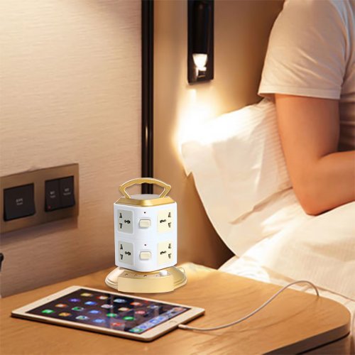 SDNALL TOWER POWER STRIP WITH 8 AC OUTLETS & 3 USB PORTS - 6.6FT EXTENSION CORD & SURGE PROTECTOR FOR HOME USE - 12.4" X 6.6" - WHITE/GOLD image 2