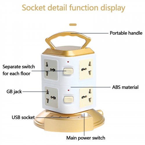 SDNALL TOWER POWER STRIP WITH 8 AC OUTLETS & 3 USB PORTS - 6.6FT EXTENSION CORD & SURGE PROTECTOR FOR HOME USE - 12.4" X 6.6" - WHITE/GOLD image 3
