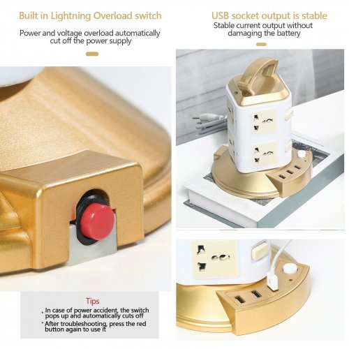 SDNALL TOWER POWER STRIP WITH 8 AC OUTLETS & 3 USB PORTS - 6.6FT EXTENSION CORD & SURGE PROTECTOR FOR HOME USE - 12.4" X 6.6" - WHITE/GOLD image 4