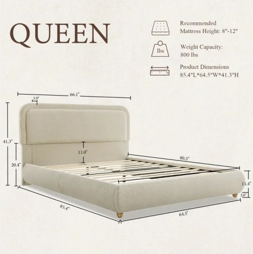 BRAFABHOME BOUCLE UPHOLSTERED WOODEN BED FRAME WITH HEADBOARD AND ROUNDED CORNERS - QUEEN - KHAKI - (MODEL: WXAX-01KQ) image 2