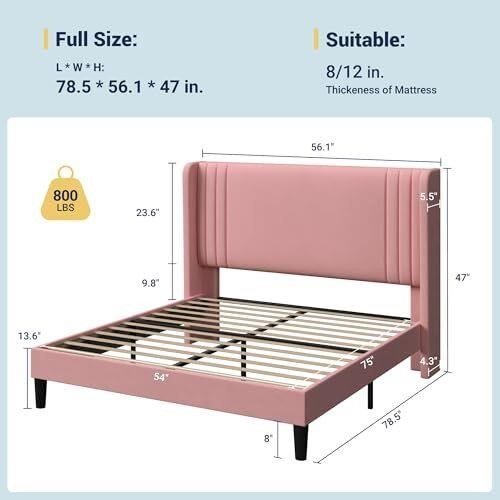 ALLEWIE VELVET UPHOLSTERED WOODEN PLATFORM BED FRAME - FULL - PINK - (MODEL: LE6091-1F) image 2