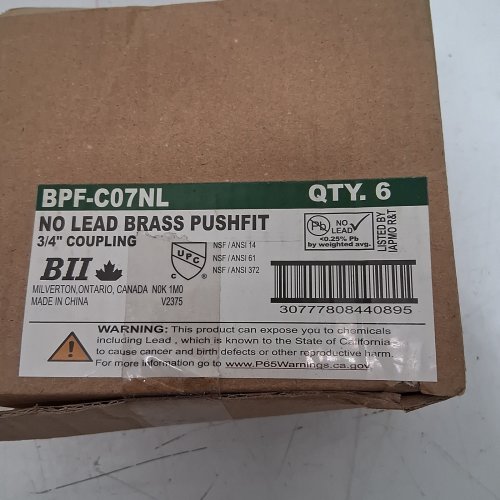 6 BII NO LEAD BRASS PUSHFIT 3/4" COUPLING (MODEL: BPF-C07NL) image 2