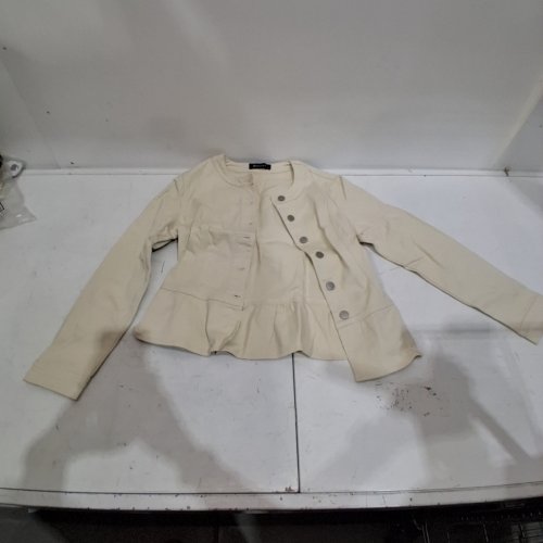 women's DARLING DIVA PEPLUM BUTTON DOWN COLLARLESS JEAN JACKET - EXTRA SMALL - OYSTER image 2