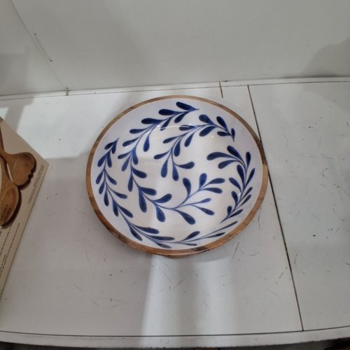 MAISON NEUVE TULA ENAMELLED MANGO WOOD SALAD BOWL - 17.3" - NATURAL WOOD/WHITE/BLUE (MODEL: 1979442) image 2
