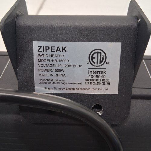 ZIPEAK OUTDOOR WATERPROOF ELECTRIC PATIO HEATER - 1500W/110-120V - BLACK (MODEL: HB-1500R) image 3