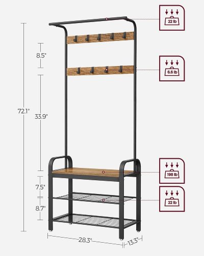 VASAGLE 4-IN-1 COAT RACK HALL TREE WITH SHOE BENCH - RUSTIC BROWN/BLACK (MODEL:HSR041B01) image 2