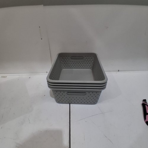 4PK AMAZON BASICS DECORATIVE BPA-FREE PLASTIC STORAGE BASKETS - 13.7" X 11.4" X 5.3" - GREY image 3