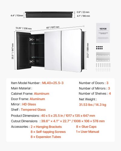 3-DOOR MEDICINE CABINET FOR BATHROOM WITH MIRROR AND GLASS SHELVES - 40" X 25.5" (MODEL: ML40X25.5-3) image 2
