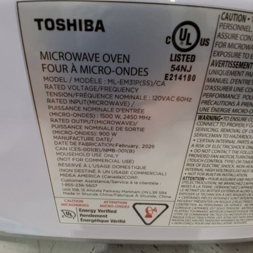 TOSHIBA COMPACT COUNTERTOP STAINLESS STEEL SMART SENSOR MICROWAVE OVEN WITH CHILD LOCK- 1.2CU.FT/1500W - GREY/BLACK (MODEL: ML-EM31P(SS)/CA) image 10