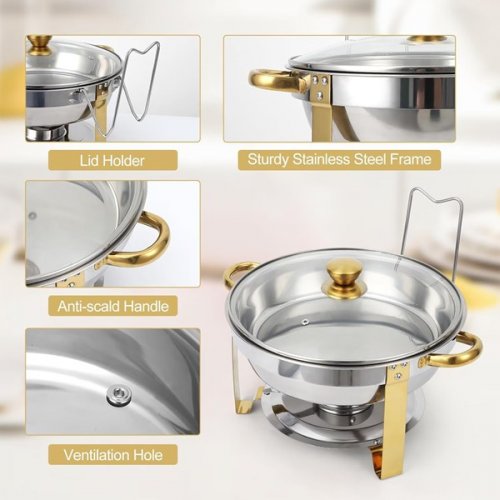 4PK ROUND CHAFING DISH SET WITH WATER AND FOOD PANS FOR HOT/COLD BUFFETS - SILVER/GOLD image 2