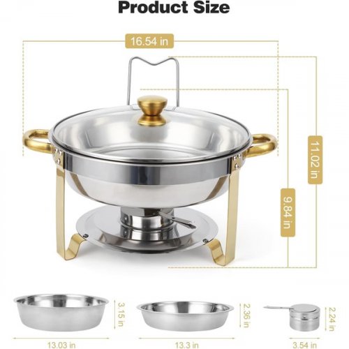 4PK ROUND CHAFING DISH SET WITH WATER AND FOOD PANS FOR HOT/COLD BUFFETS - SILVER/GOLD image 3