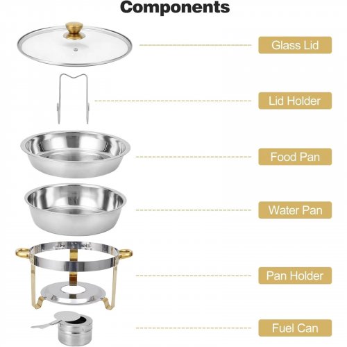 4PK ROUND CHAFING DISH SET WITH WATER AND FOOD PANS FOR HOT/COLD BUFFETS - SILVER/GOLD image 4